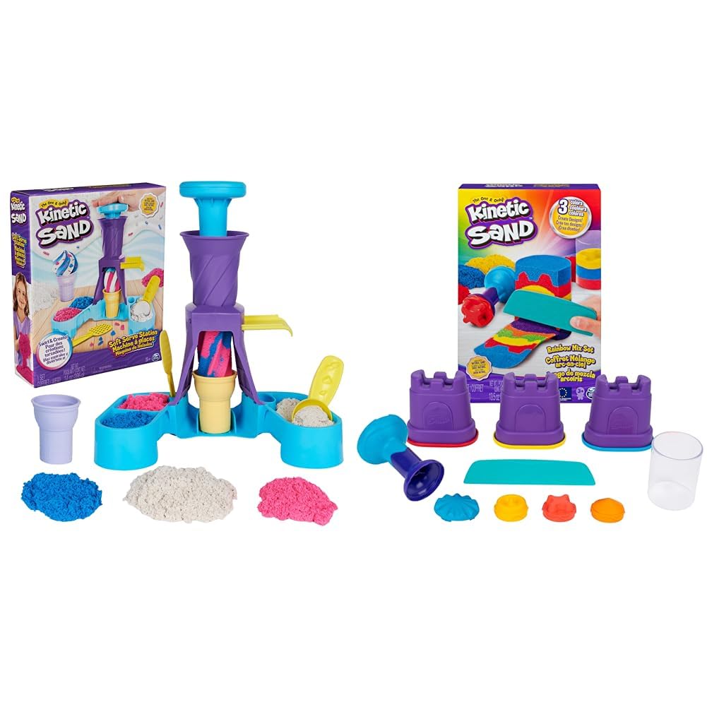 Soft Serve Station with 396g of Play Sand (Blue, Pink and White) & Rainbow Mix Set with 3 Colours of Kinetic Sand (382g) and 6 Tools, for Kids Aged 3 and Up