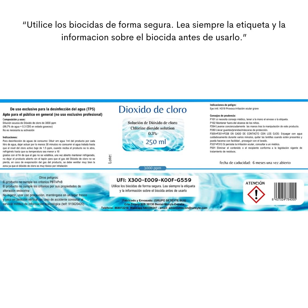 Dióxido de Cloro 3000 ppm - CDS | CDL - Envasado en Botella de Cristal Ámbar - 2 Botellas 250ml = 500ml - Compra Ahorro - Fabricado en España