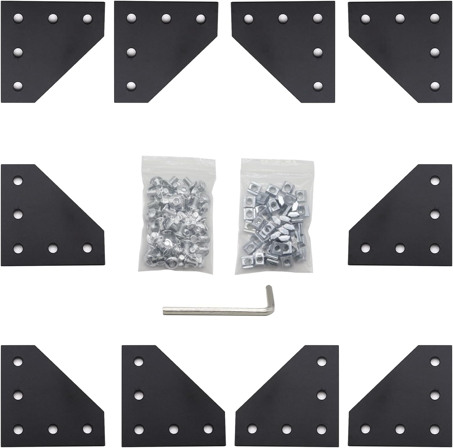 10pcs Corner Bracket Plate Black 2020 Series 5 Hole L Shape Joint Plates with 50pcs M5 T Nuts + 50pcs M5x8mm Screws + 1pcs Wrench for Slot 6mm 20S Aluminum Rail Accessories (10PCS L Shape)