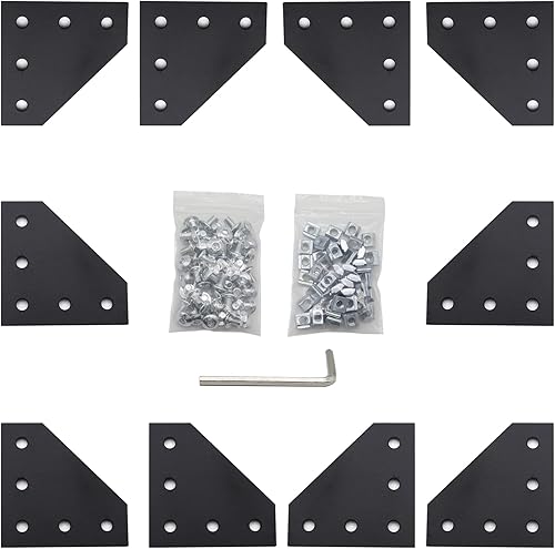 10 placas de soporte de esquina negras serie 2020 de 5 agujeros en forma de L con 50 tuercas M5 T + 50 tornillos M5 x 0.315 in + 1 llave para ranura