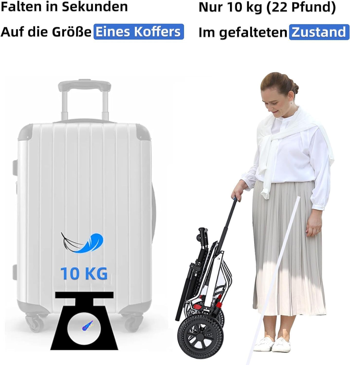 Sedia a rotelle pieghevole in alluminio leggero, sedie a rotelle con braccioli reversibili a 270°, sedie a rotelle autospinte, pesa solo 10 kg dopo la piegatura, può essere facilmente riposta nel ba