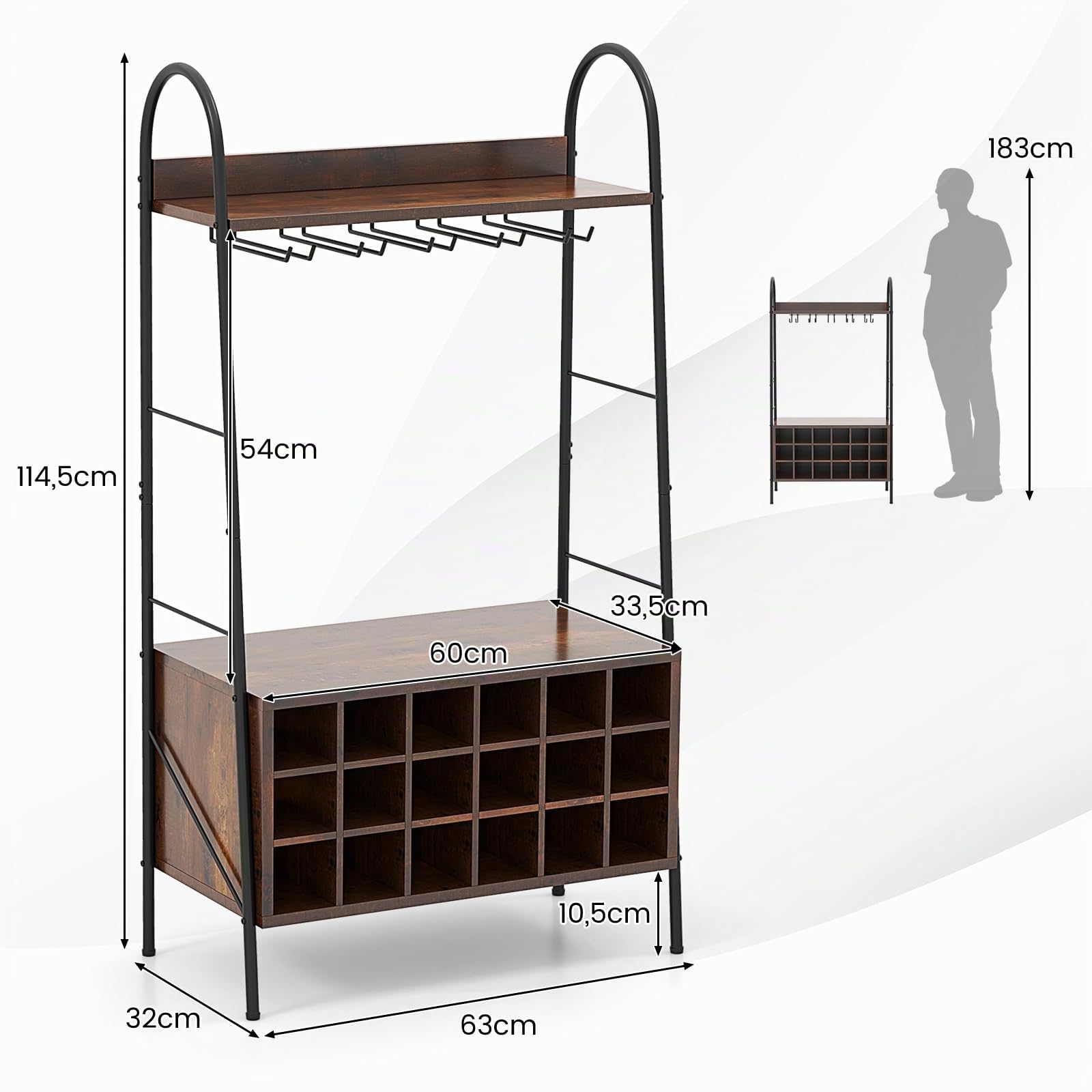 COSTWAY Mobiletto Portabottiglie da Vino, Mobile Bar Vino con Ripiani di Stoccaggio, 5 File di Portabicchieri e 18 Scomparti per Vino, per Soggiorno Cucina, Bar, 63 x 32 x 114,5 cm