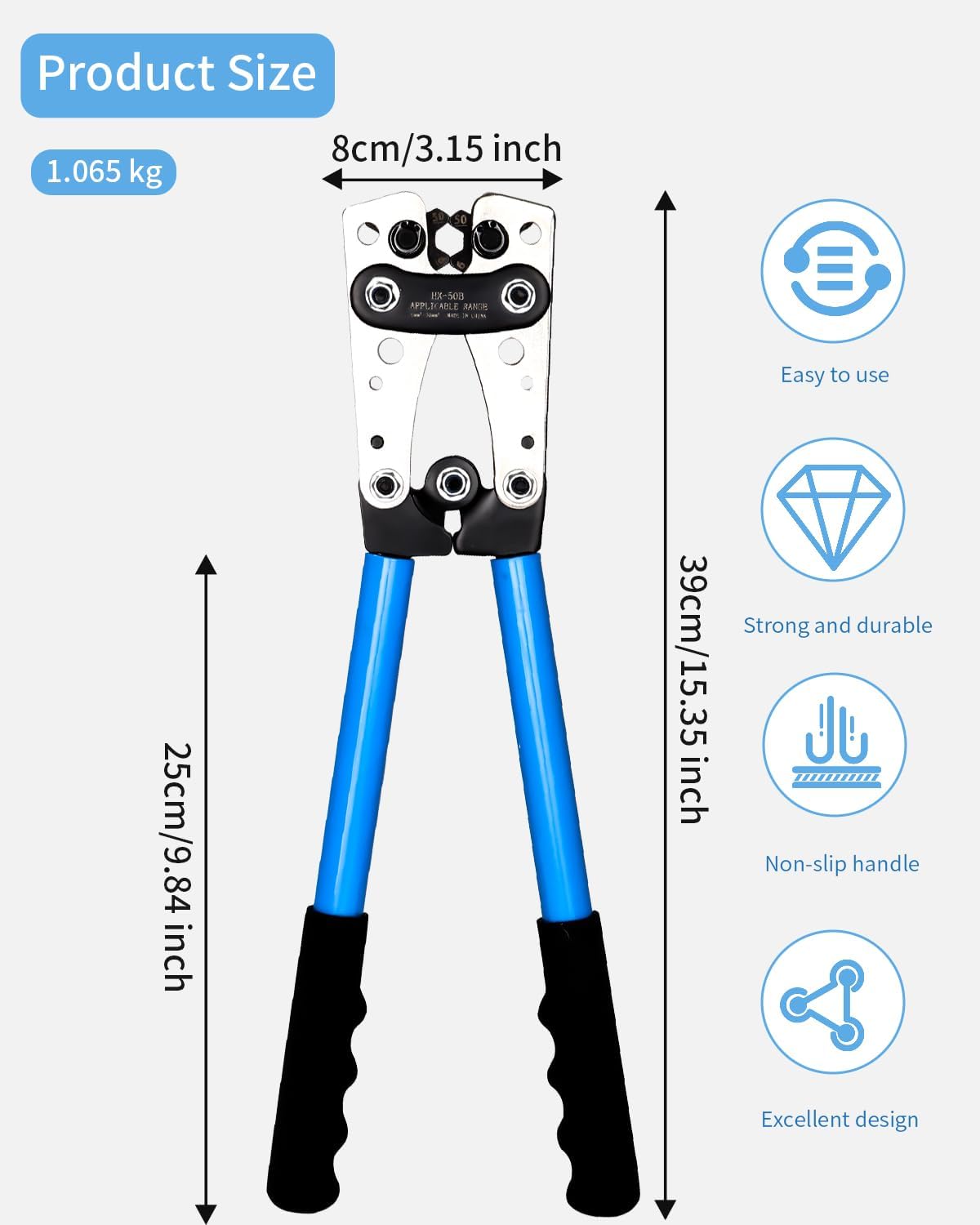 Pince a Sertir,AWG 10-0,6/10/16/25/35/50 mm² pince à sertir cosses avec Bornes à anneau en cuivre +60 PCS de gaine thermorétractable pince a sertir electrique multicouche Cliquet de sertissage pince