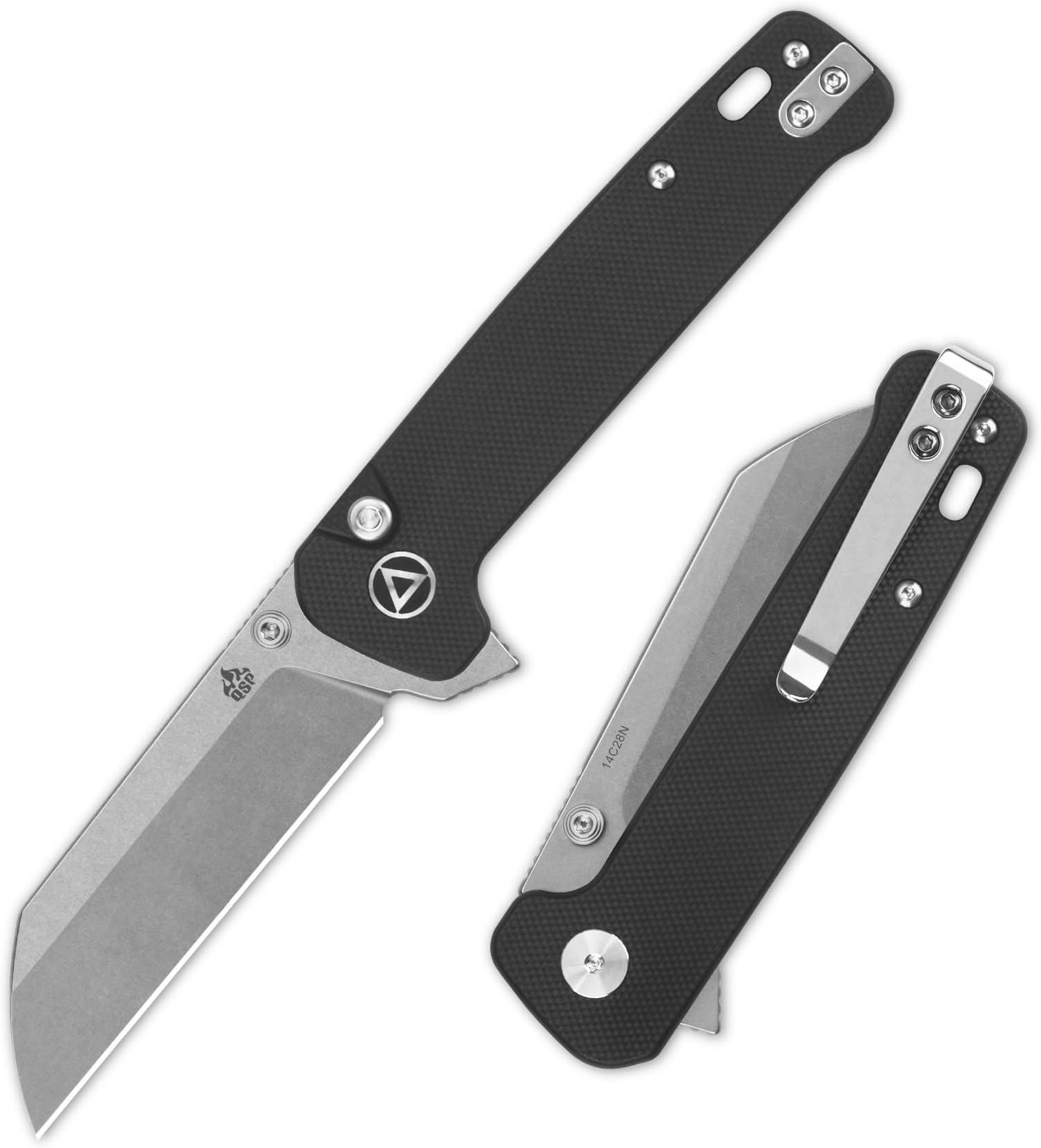 Penguin Folding Pocket Knife, 3.06" Sandvik 14C28N Stonewash Blade EDC Knife, Black G10 Handle, Button Lock, Ceramic Ball Bearings, Reversible SS Deep Carry Clip