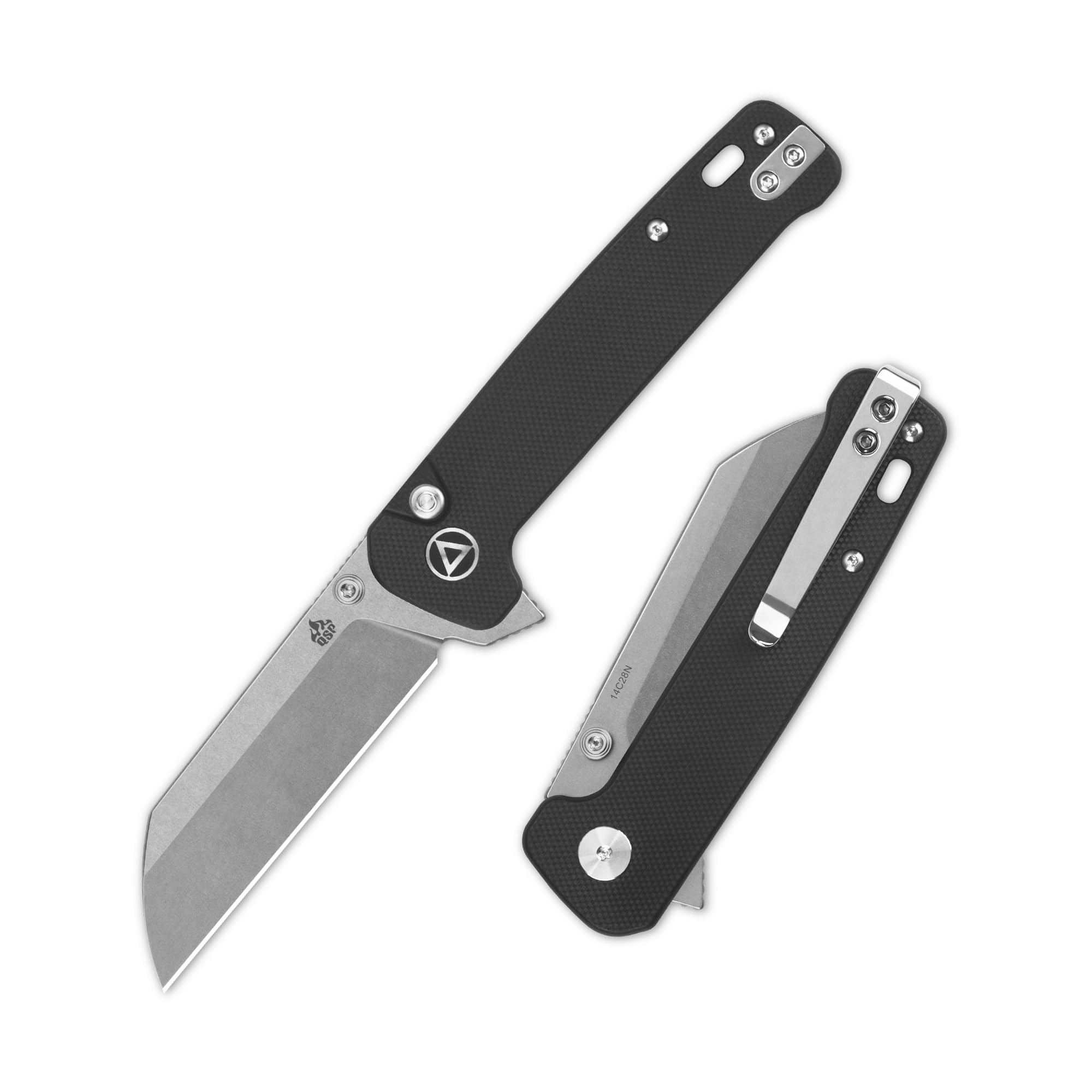 Penguin Folding Pocket Knife, 3.06" Sandvik 14C28N Stonewash Blade EDC Knife, Black G10 Handle, Button Lock, Ceramic Ball Bearings, Reversible SS Deep Carry Clip