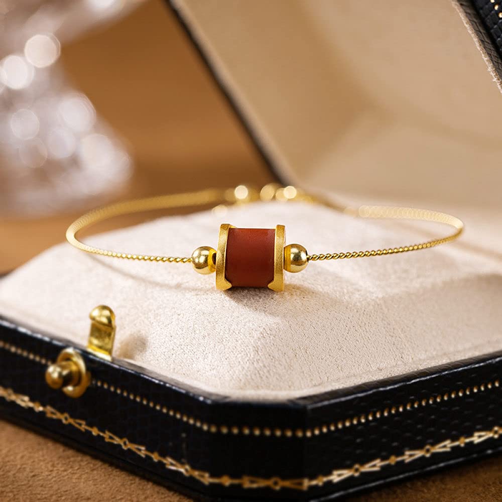 Girls Accessories Bracciale in Argento Sterling 925 Vintage per Donna Semplice Regolabile Placcato Oro Agata Rossa Perline a Botte Gioielli Classici Fascino Spiaggia Estiva Birthday Gift