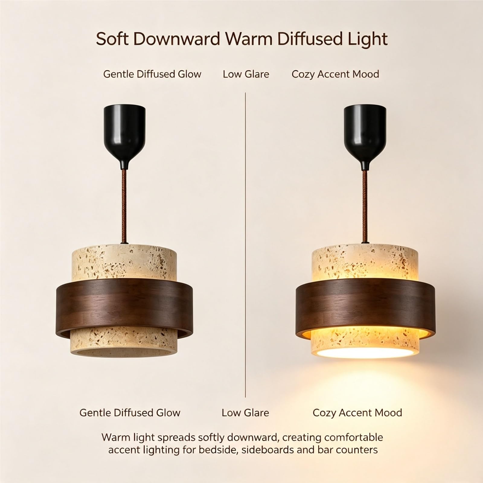 Mini lámpara colgante travertino nogal lámpara individual Japanese Style | Estilo japonés lámpara cilíndrica travertino madera nogal cordón ajustable para isla cocina dormitorio
