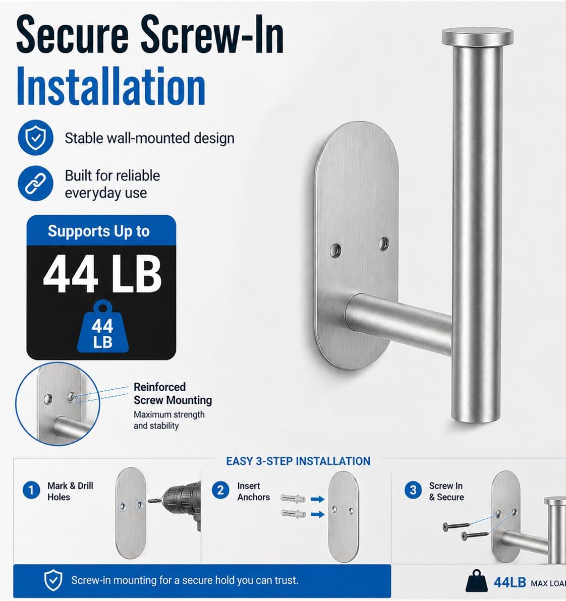 2Pcs Toilet Paper Holder Wall Mount for Bathroom, Heavy-Duty Screw-in Rv Toilet Roll Holder, SUS304 Rustproof Stainless Steel Rust Proof, Suitable for Kitchen Washroom Morden Brushed Nickel Silver image 3