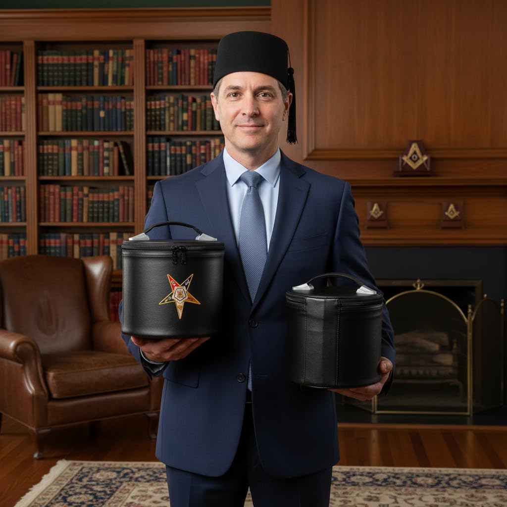 Hand-Embroidered OES Star Fez Case – Deluxe Masonic Fez Cap Storage Box, Imitation Leather. Masonic & Eastern Star Fez Hats, OES Gifts, Sashes & Accessories