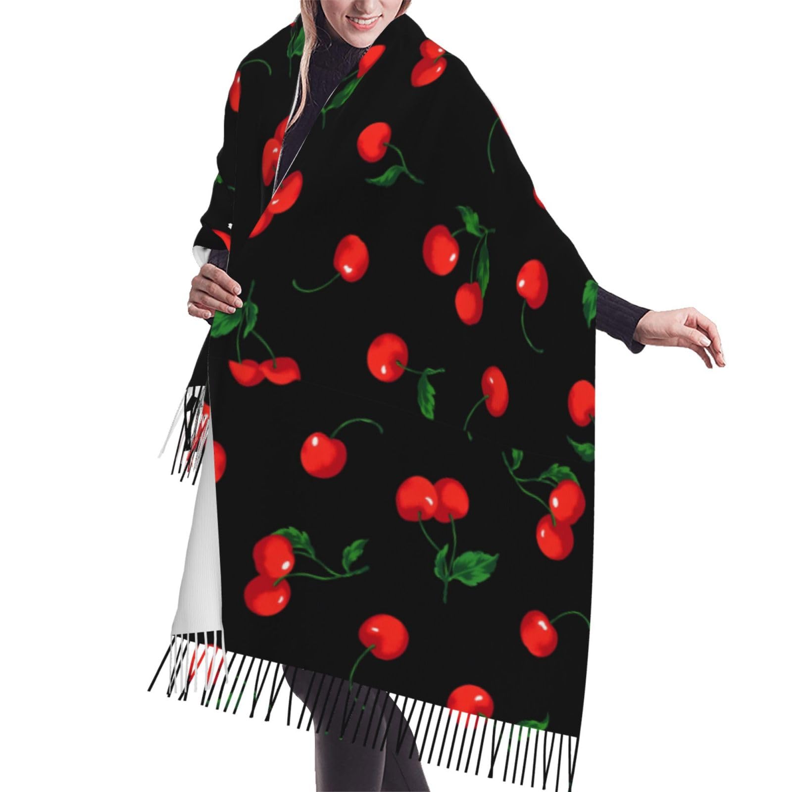 Fringed Scarf Cherry Fruit Pattern Soft Blanket Scarf Long Warm Shawl Wraps Cashmere Fringe Scarfs 196x68 cm
