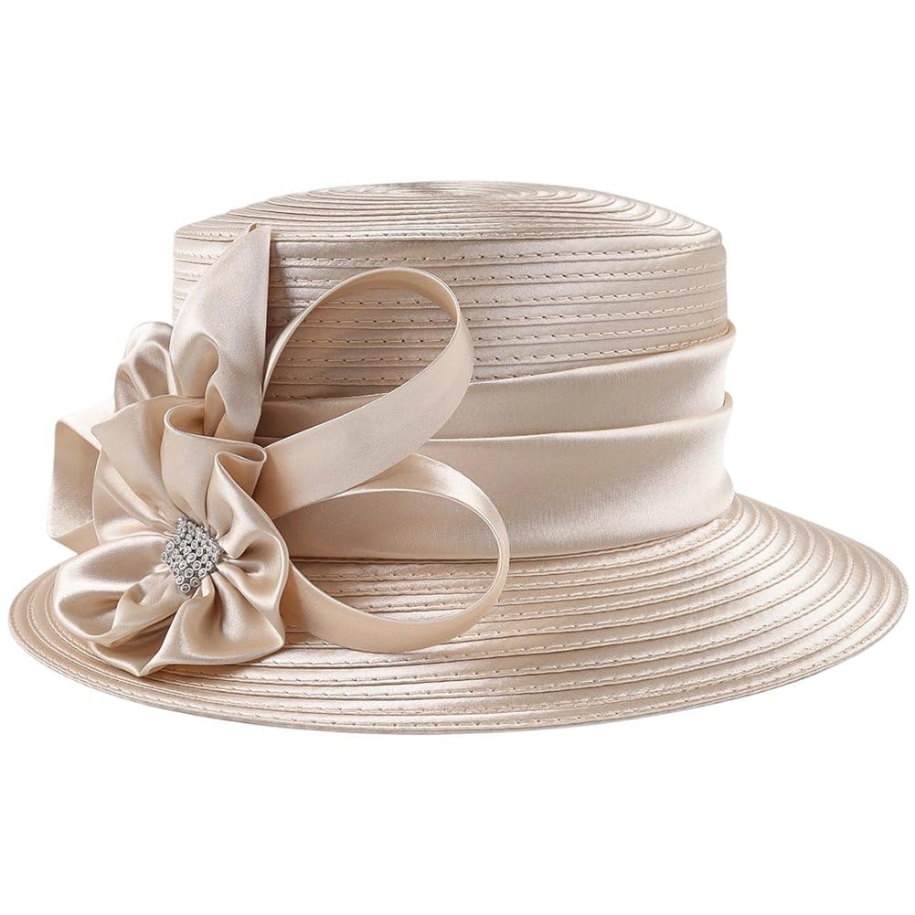 Sanfly Women's Champagne Gold Newest Satin Cloth Flower Church Hat Elegant Photography Hat Fashion Banquet Fascinator Wedding Formal Hats