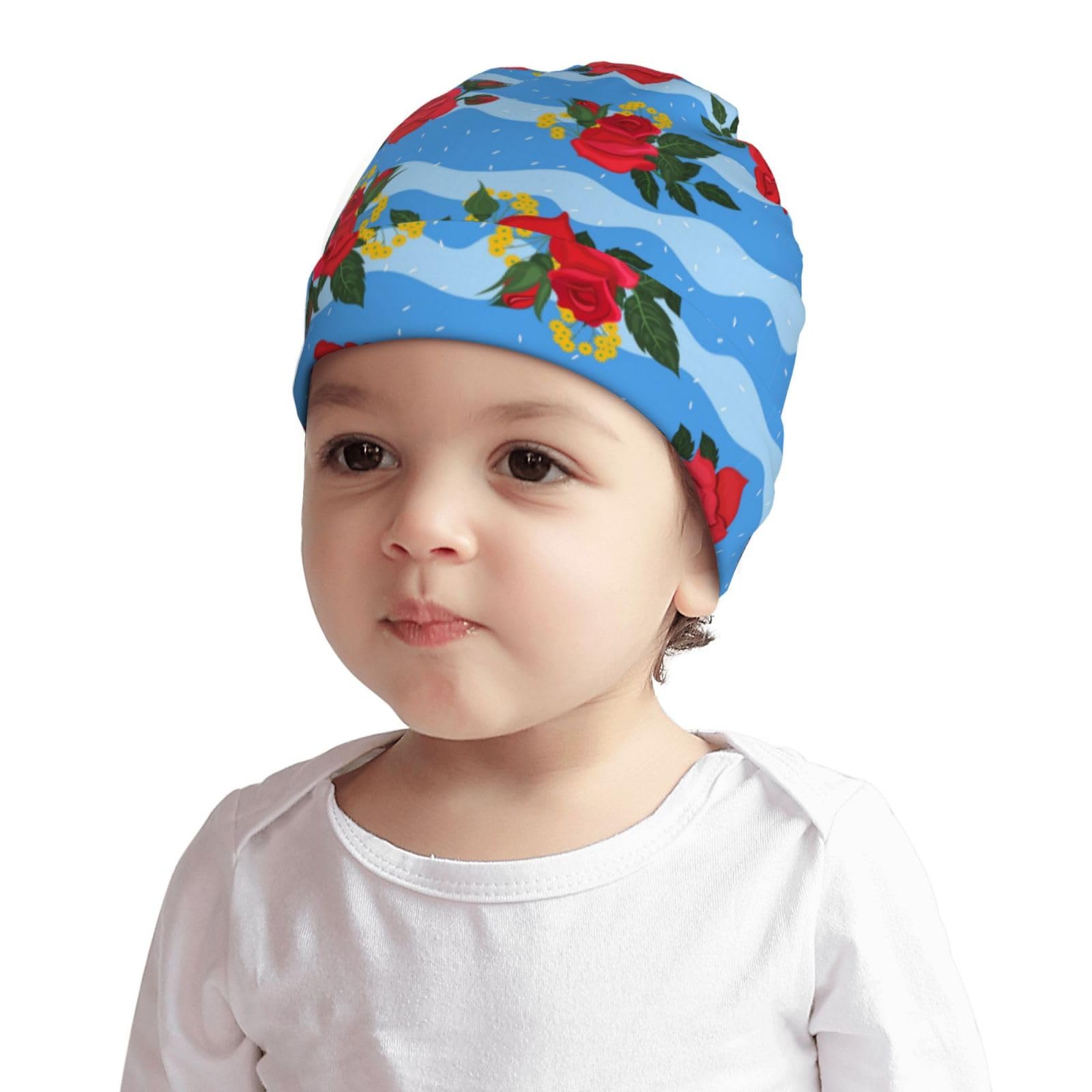 Rqzwdq Red Blue Rose Pattern Kids Beanie Hats Warm Knit Beanie Cap Skull Caps Gifts Decor for Boys Girls