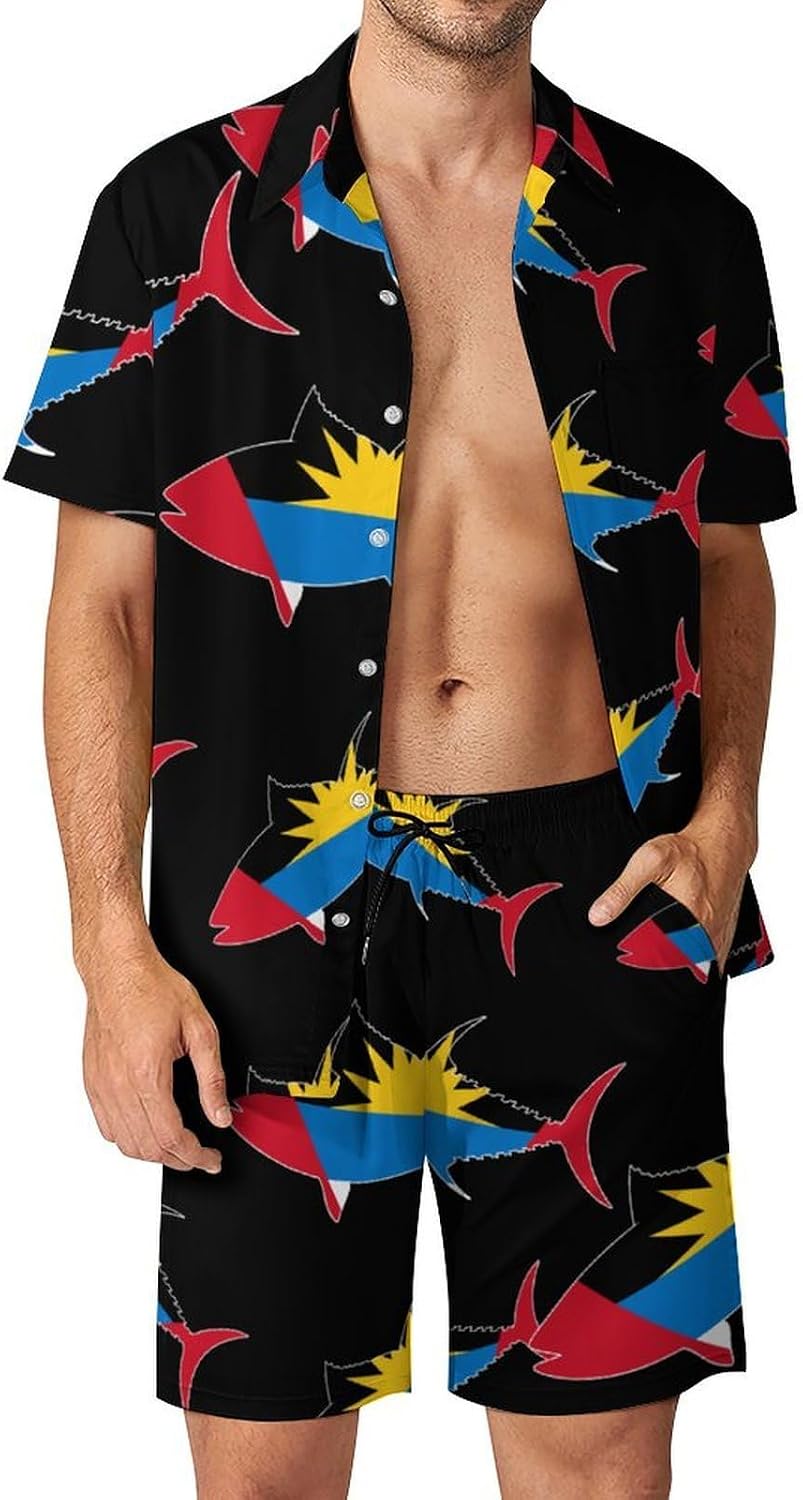 Antigua And Barbuda Flag Tuna Fish Men's Summer Beach 2 Piece Outfits | hawaiian button down shirt and shorts,vacation cruise,mens bathing suit