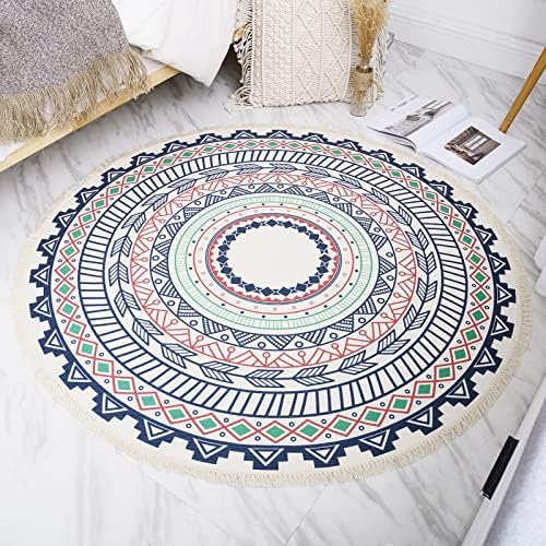 Miiciuib Boho Round Rugs, 4'x4' Round Bohemian Mandala Tassels Decor Carpet Woven Circle Mat for Kitchen Living Room Bedroom Bathroom