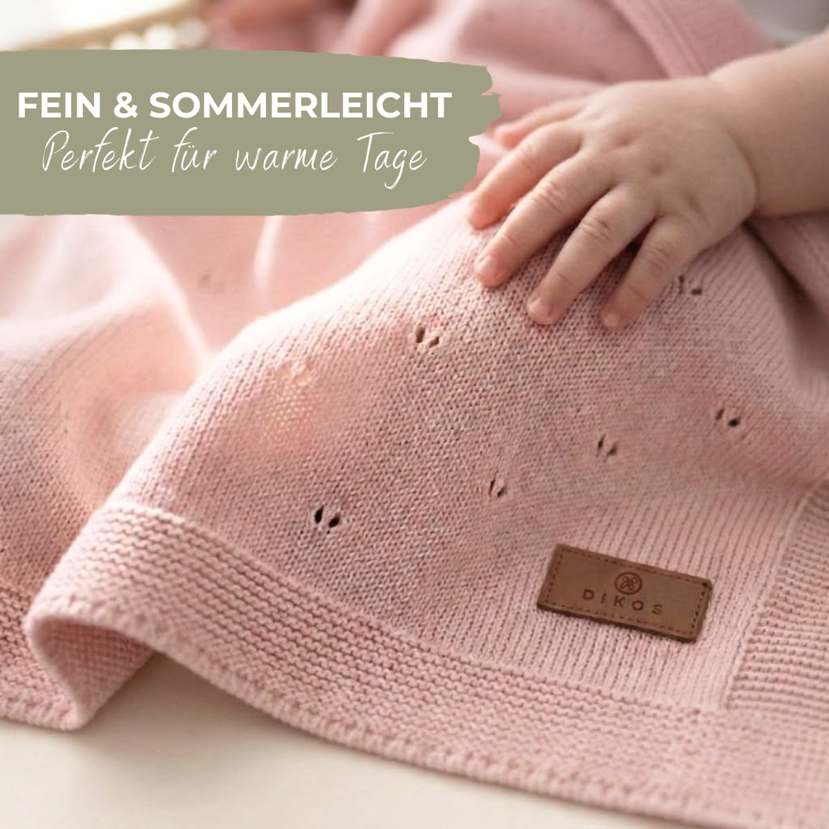 DIKOS Babydecke Sommer 75×100 cm aus feiner Bio-Baumwolle (GOTS & Oeko-TEX® 100) – atmungsaktive Strickdecke, leichte weiche Baby Decke für Neugeborene Mädchen, Geschenk zur Geburt (Altrosa)