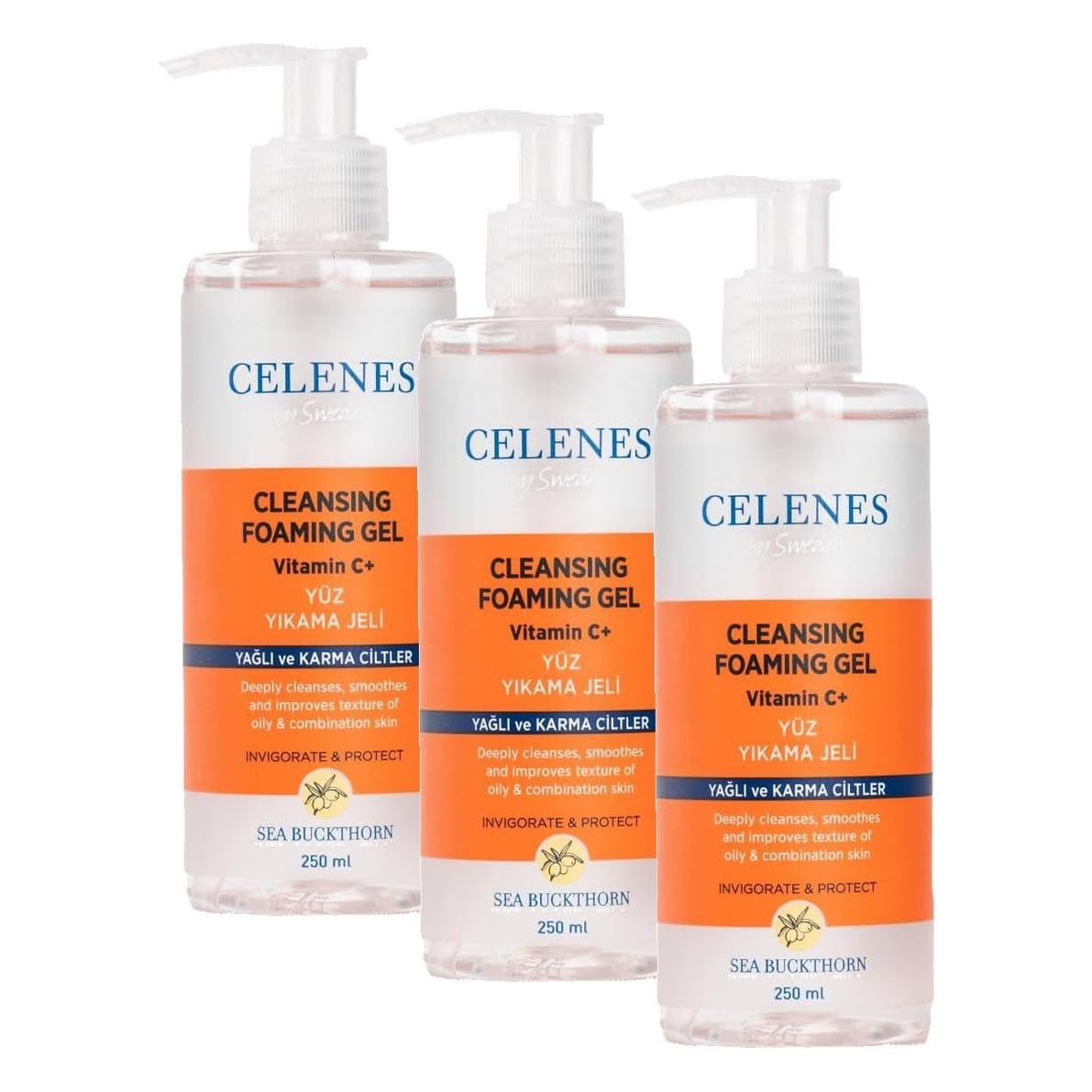 Celenes By Sweden Sea Buckthorn Yüz Yıkama Jeli Yağlı ve Karma Ciltler için 250 ml (3 paketi)
