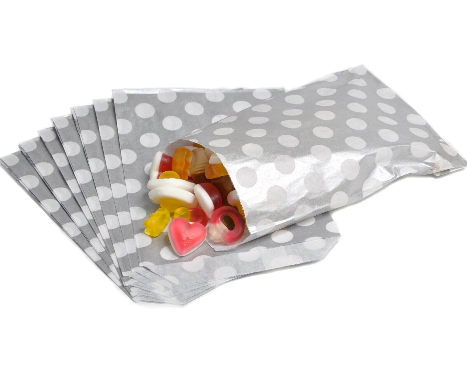 Bag It Plastics Polka Dot Paper Sweet Bags | Silver | 5" x 7" / 125x175mm | Pack of 100 | Multipurpose Use for Sweets, Popcorn, Wedding Favours, Pick and Mix & Cookies!