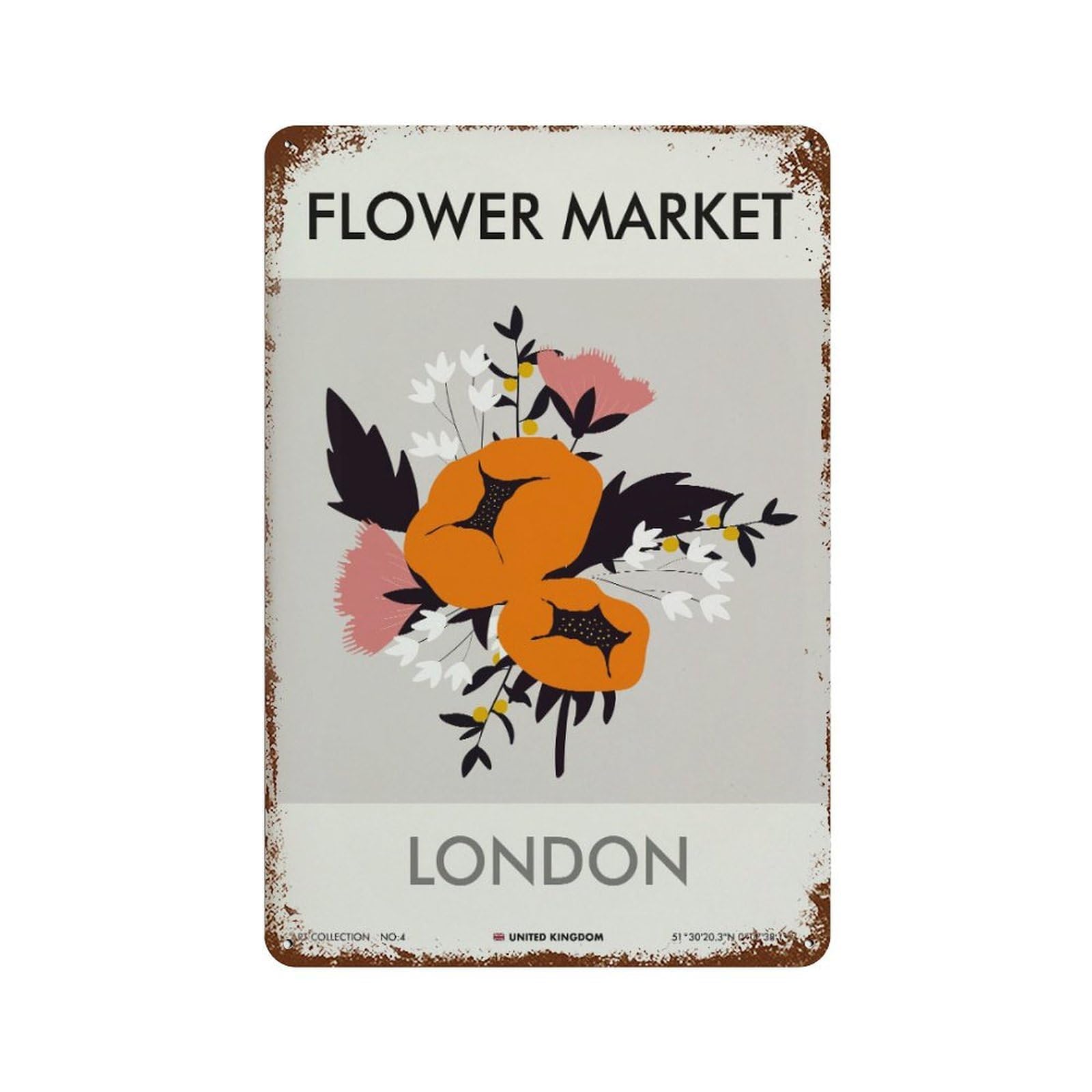 xiaoxiaoshen London Flower Market Botanical Wall Decor Art Metal Tin Poster Modern Home Decor Art Home Bar Shop Decorations Vintage Sign 30x20cm