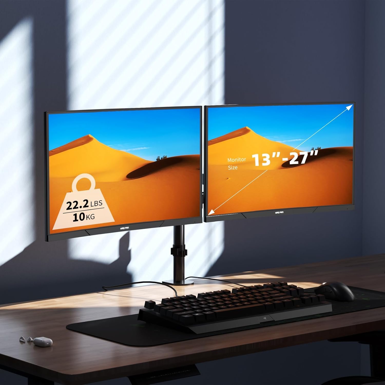 Bracwiser Supporto Doppio Monitor, Braccio per Schermi LED LCD da 13-27 pollici, Inclinazione Girevole Rotazione Regolabile in Altezza VESA 75/100mm MD7442