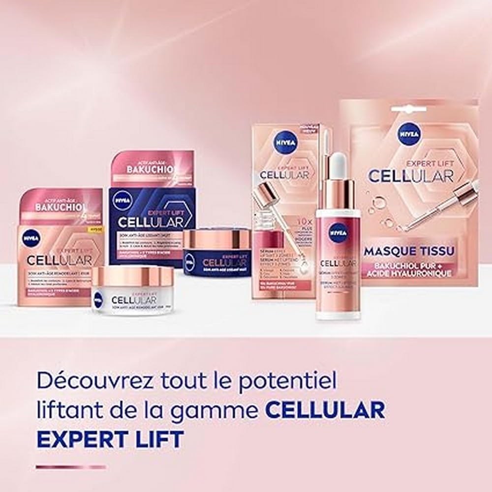 NIVEA Cellular Expert Lift Anti-Age Tuchmaske (1 Maske), glättende Gesichtsmaske für eine schöne & jünger aussehende Haut, Feuchtigkeitsmaske mit Bakuchiol + Hyaluronsäure (Packung mit 10)