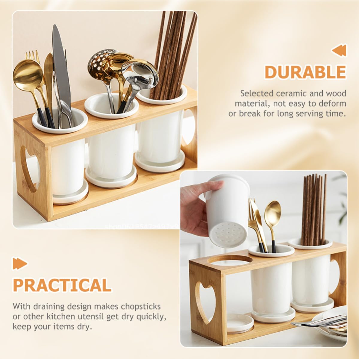 Angoily Organisateur de Couverts Solide et Élégant et Design Drainant en Céramique et Bois 3 Compartiments pour Rangement Pratique Porte-ustensiles Cuisine