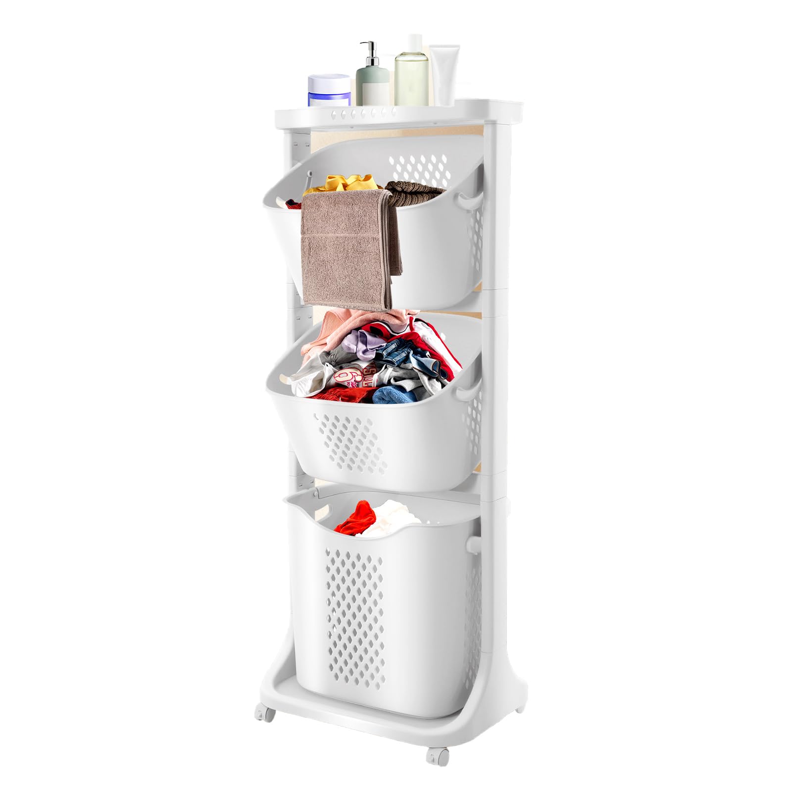 3 Tier Rolling Laundry Basket?Dirty Clothes Laundry Sorter with Shelf,Stacked Laundry Basket Organizer,Laundry Basket with Wheels for Bathrooms Dormitories Laundry Room
