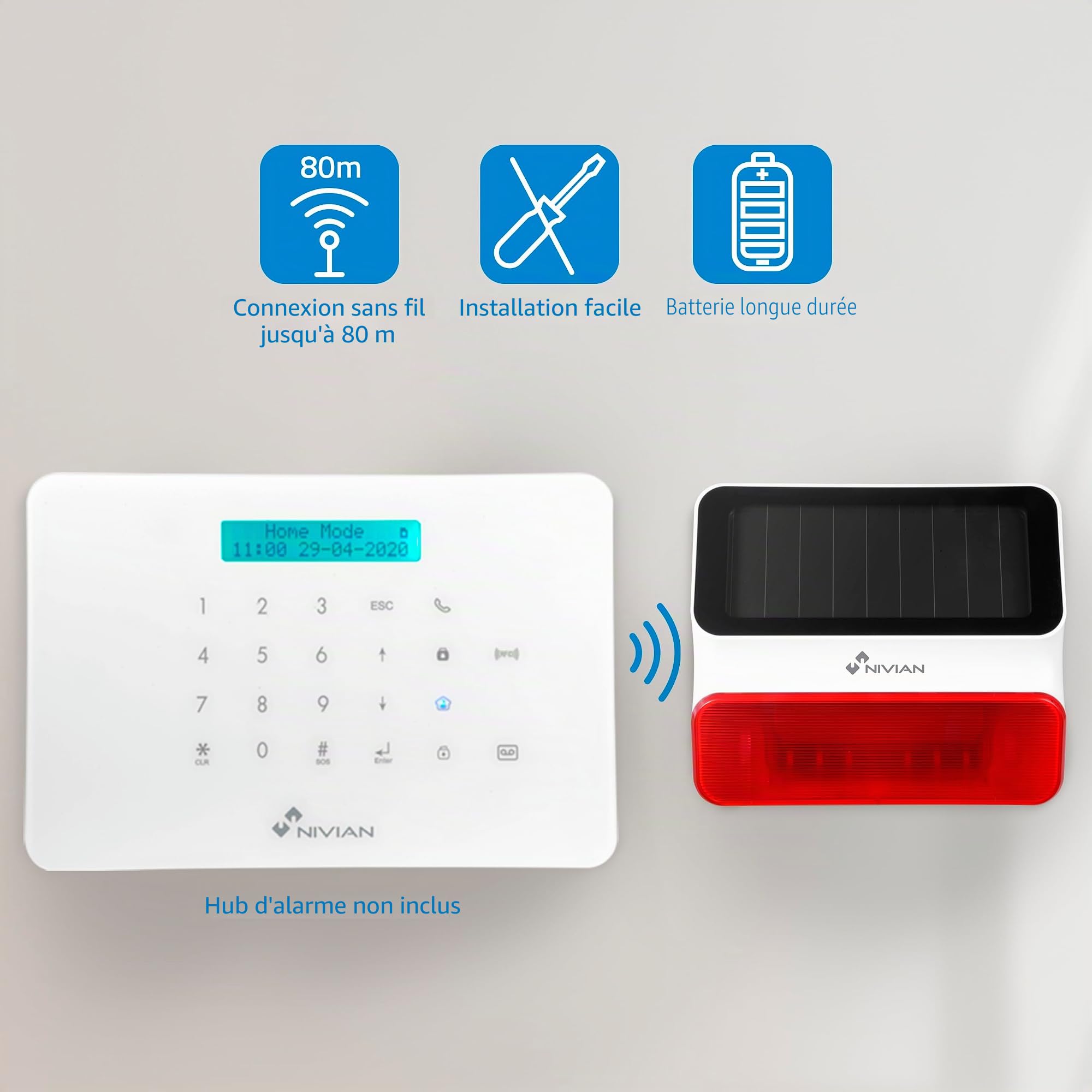 Nivian - Sirène sans Fil à énergie Solaire Compatible avec l'alarme Nivian - Convient pour l'extérieur - Alerte Lumineuse et sonore 100 DB