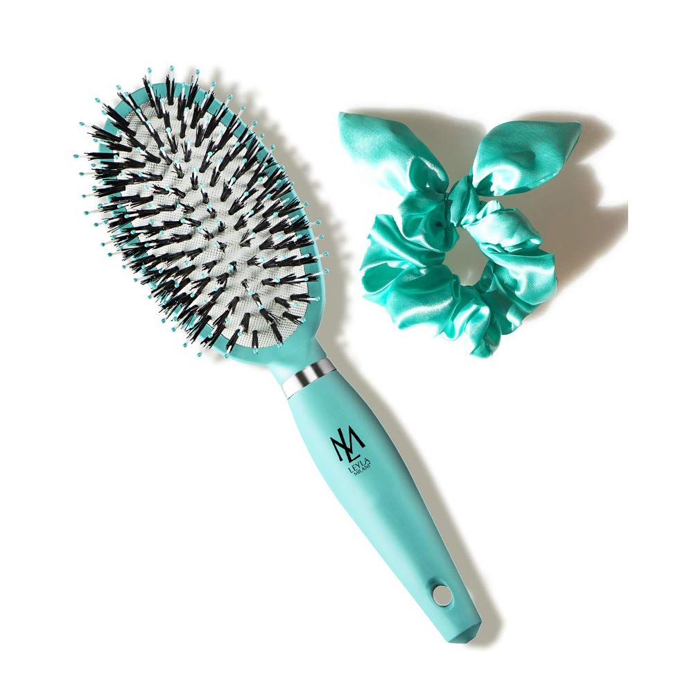 Leyla Milani Hair Miracle Brush & Sassy Bow Scrunchie Set - Bunny Ear Bow Scrunchie for Ponytail Holder - Turquoise Colored Brush & Bow Hair Product - Miracle Hair Brush with Elastic Hair Bands