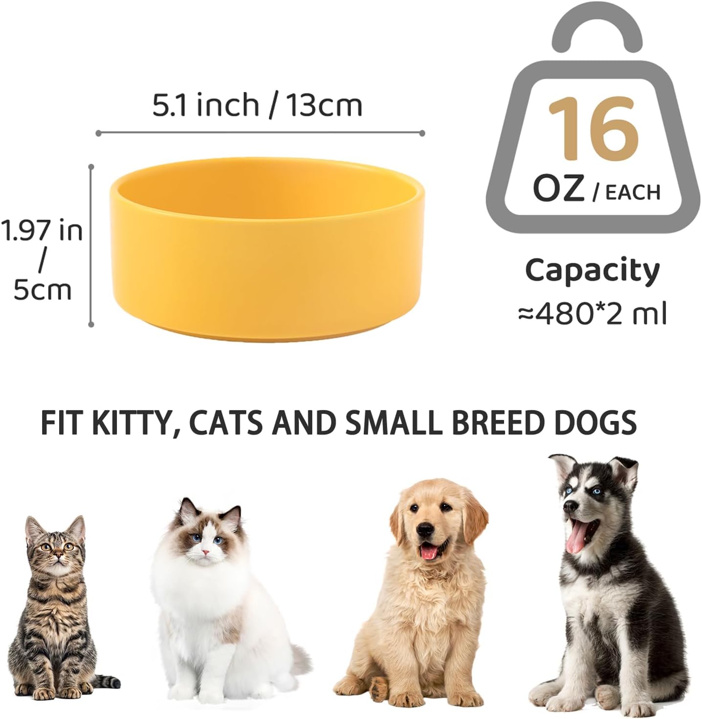 Ceramic Set of 2 Dog and Cat Bowls - Classic Food & Water Bowl for Kitty, Cats and Toy Breed Dogs, Dog Dishes, Food Grade Pet Bowl, Dishwasher & Microwave Safe (5.1'', 2 * 16OZ, Yellow)