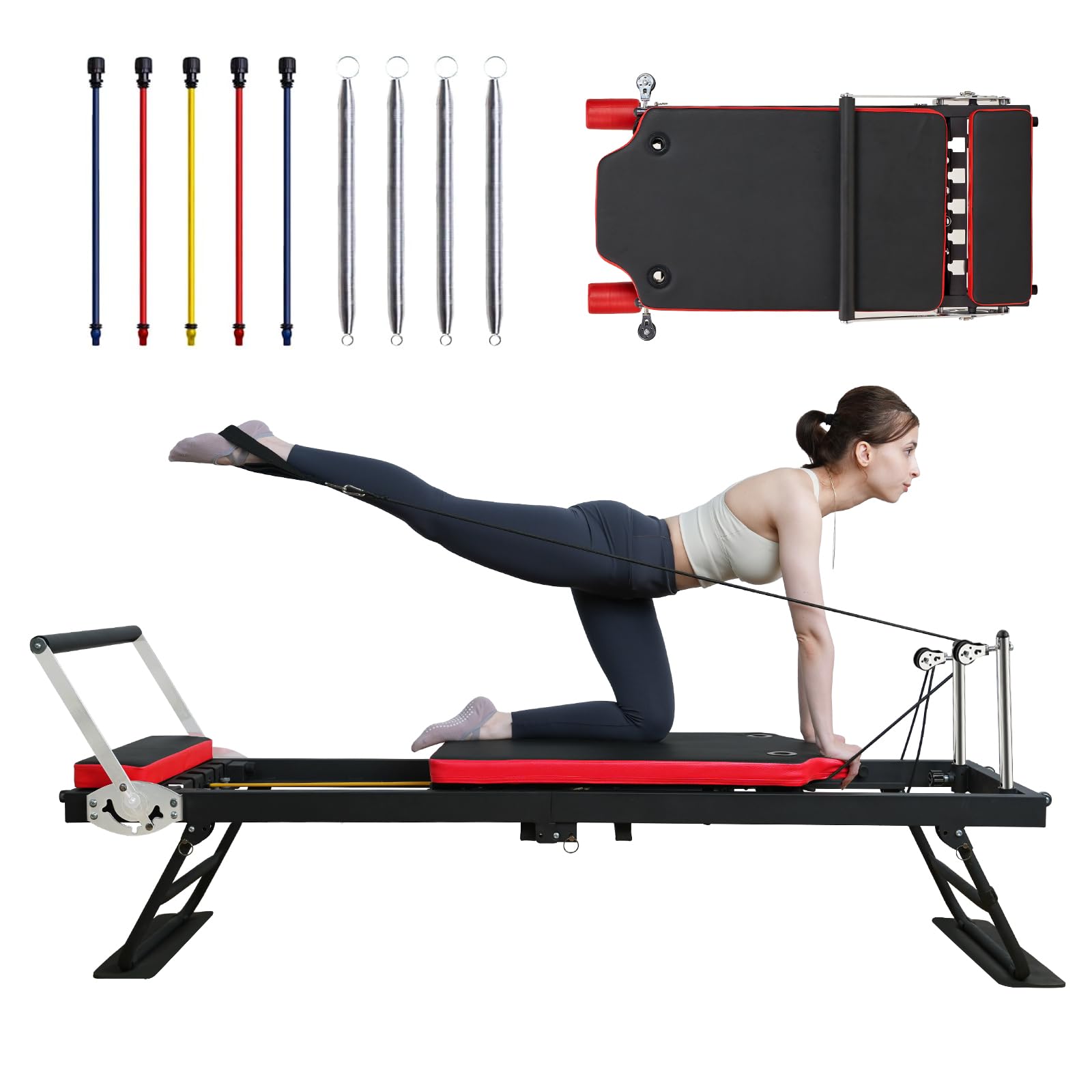 JIRTEMOT Pilates Reformer, Foldable Pilates Machine for Home Use, with Resistance Springs and Cords, Pilates Equipment Suitable for Beginners, Supporting Up to 300 lbs