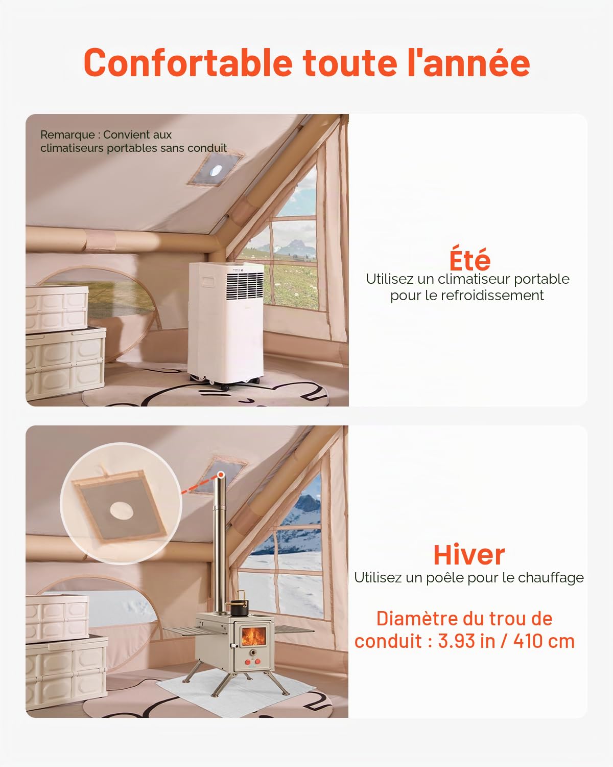 VEVOR Tentes gonflables pour camping, installation facile, tente de camping gonflable avec pompe à main, tente de glamping 4 saisons Oxford 300D avec cric de poêle, sac de rangement inclus pour une