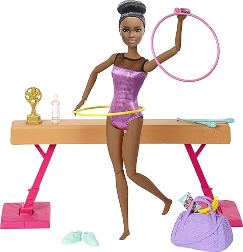 Miniatura 5 de Barbie Juego de gimnasia muñeca barbie morena con función de giro haz de equilibrio más de 15 accesorios gran regalo para edades de 3 a 7 años