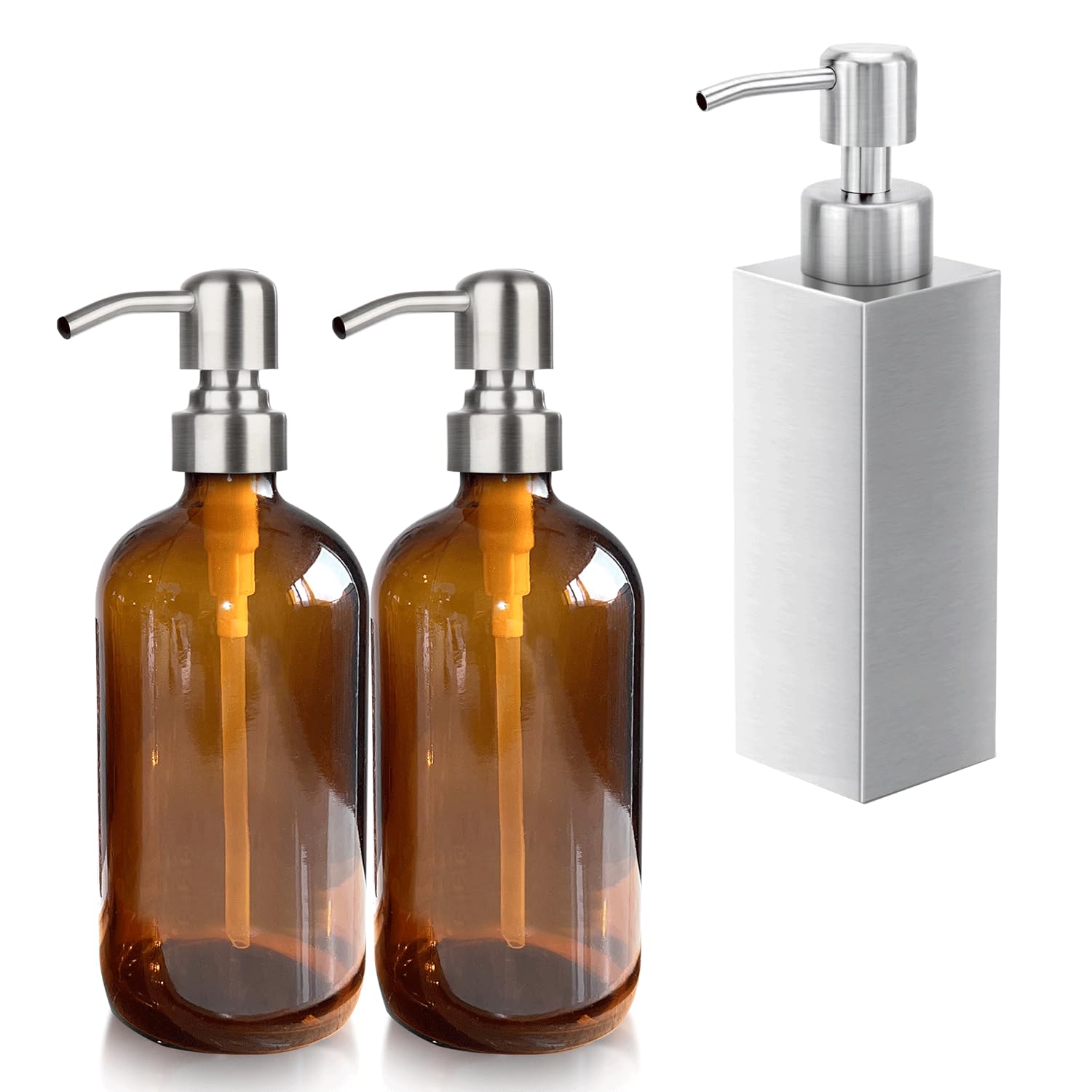 2 Pack Amber Glass Soap Dispenser with Silver Pump & Stainless Steel Soap Dispenser Square