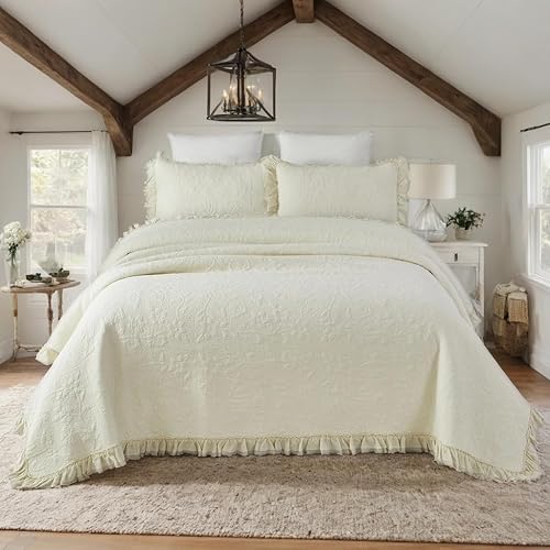 Brandream Juego de edredón blanco crema tamaño Queen de algodón Matelasse ropa de cama de lujo con volantes juego de edredón de 3 piezas disponible en Yaxa Guatemala