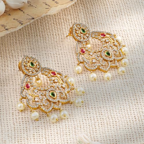 Image of Rubans Chandbali Earrings Gold Plated Traditional Pearl Detailed Jewellery Gift for Women & Girls