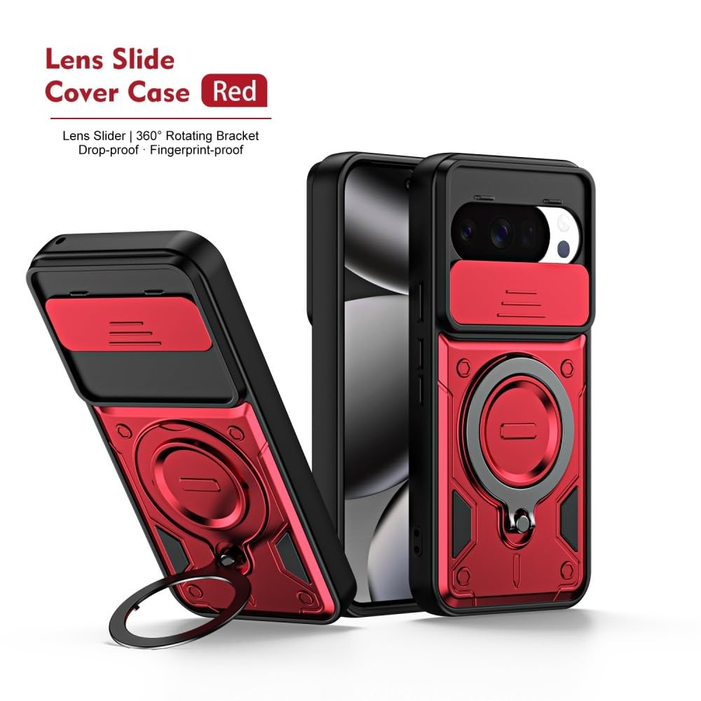Generic Funda compatible con Google Pixel 11 (color: rojo), anillo de metal giratorio, tapa dura, funda de silicona