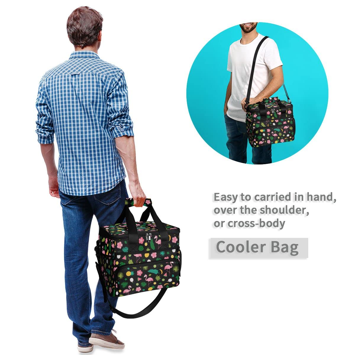 Bolsa de picnic de 15 L, 24 latas, bolsa de almuerzo aislada con flamenco y piña para viajes, camping, barbacoa, actividades al aire libre, asas, correa para el hombro