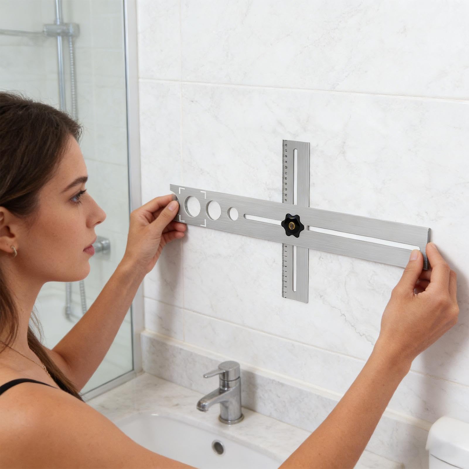 Strumento per la misurazione delle piastrelle | Misuratore universale regolabile in acciaio inossidabile,Strumento di misurazione per perforazione e punzonatura,Per piastrelle e pavimenti in legno in
