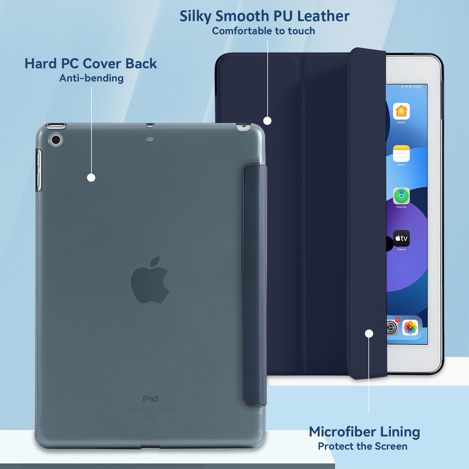 4UBonLife Custodia per iPad 6a /5a Generazione 9,7 Pollici 2018/2017, Cover Protettiva Rigida, sottile e leggera con Traslucida Posteriore Opaca Cover per iPad 5/6, Auto Sveglia/Sonno, Blu Scuro