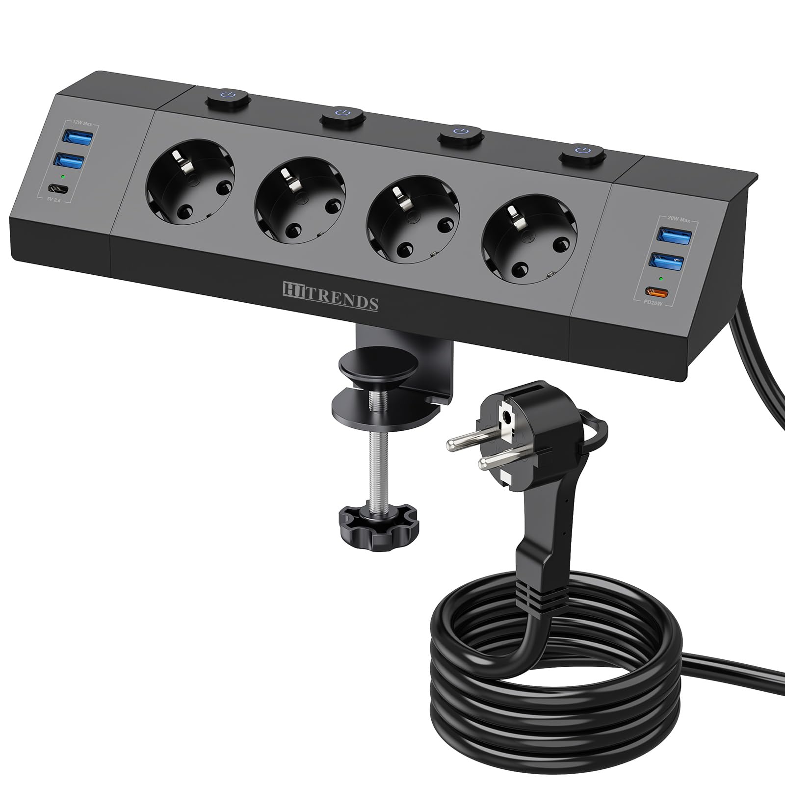 Multiprise de table avec USB, bloc multiprise de bureau 4 prises avec interrupteurs individuels, prise d'angle 10 en 1 avec 4 USB A et 2 USB C (PD 20 W) avec câble de 2 m, protection contre les