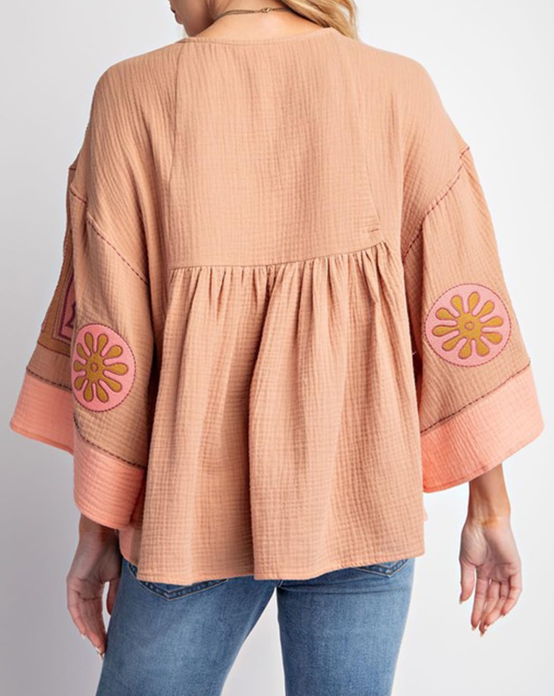 Womens Floral Printed Blouse V-Neck 3/4 Sleeves Loose Fit Vintage Babydoll Tops - Image 3