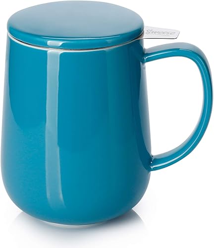 Sweese Taza de té de porcelana con infusor y tapa, 20 onzas, azul acero, apta para microondas, reutilizable