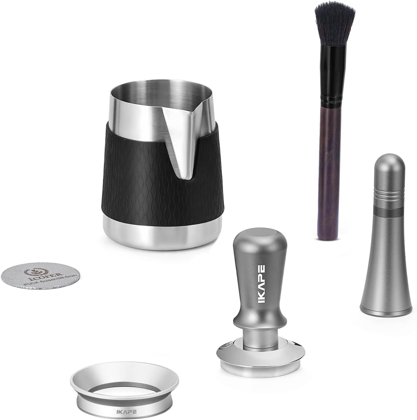 IKAPE 58MM Espresso Tamper Kit 6 in 1, Coffee Tamper, WDT Tool, Magnetic Dosing Funnel, Puck Screen, Milk Pitcher, Cleaning Brush