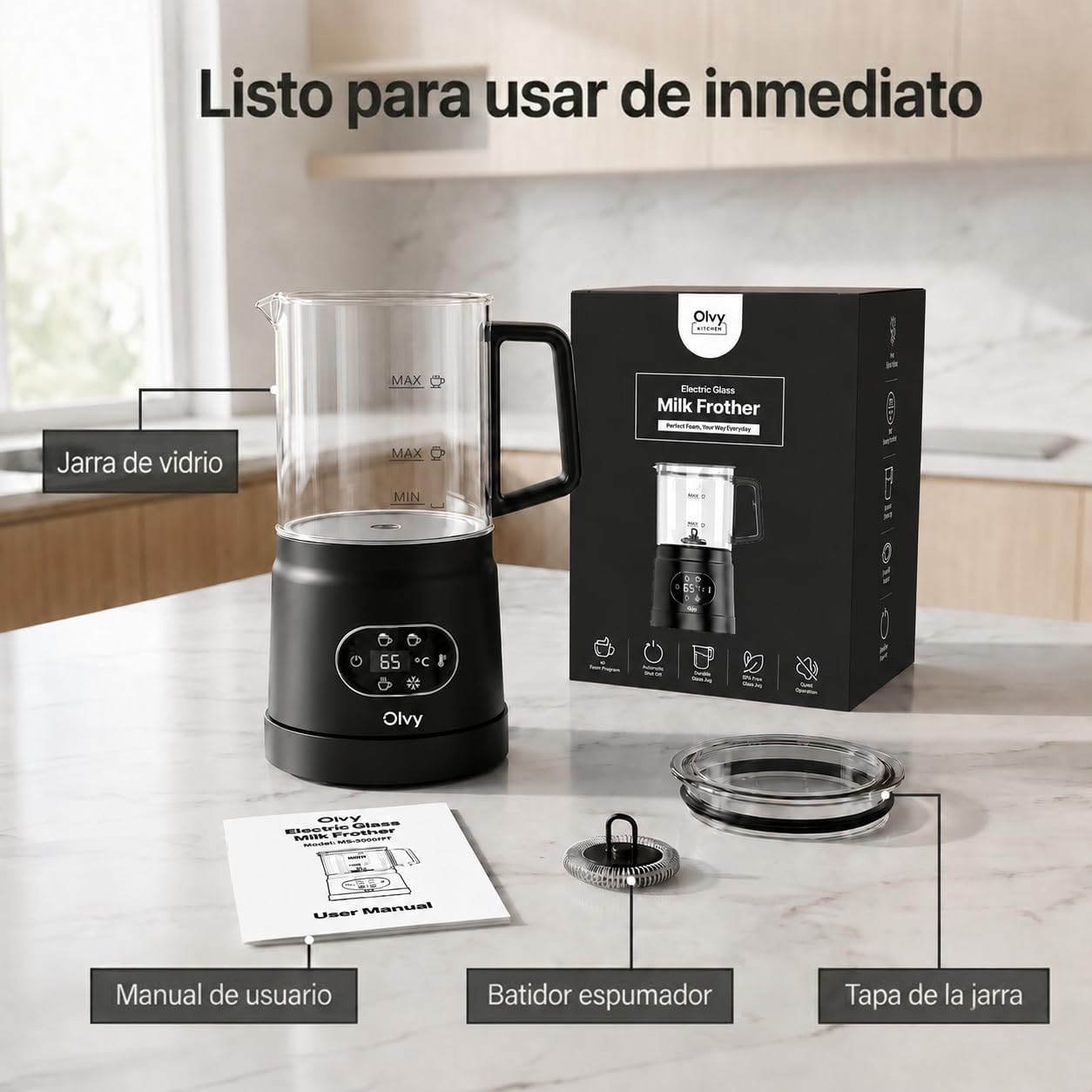 Olvy Espumador de Leche Eléctrico 500W 3en1 Caliente Frío Calentamiento Negro