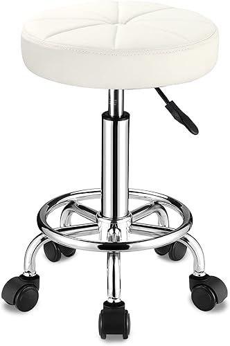 FNZIR Taburete giratorio con ruedas Taburetes rodantes redondos de cuero PU Altura ajustable Blanco