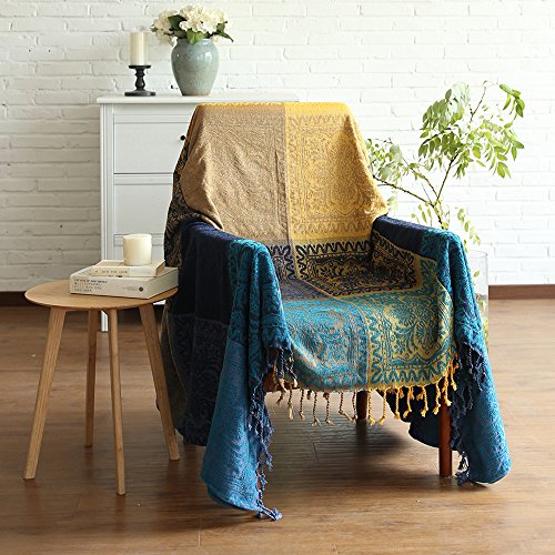 ele ELEOPTION Couverture de Jet en Chenille, Glands Jacquard Couverture de Canapé Housse de Chaise Décorative pour Canapé-Lit Soft Chair, Folk Tribal Pattern (150 x 190 CM, Bleu)