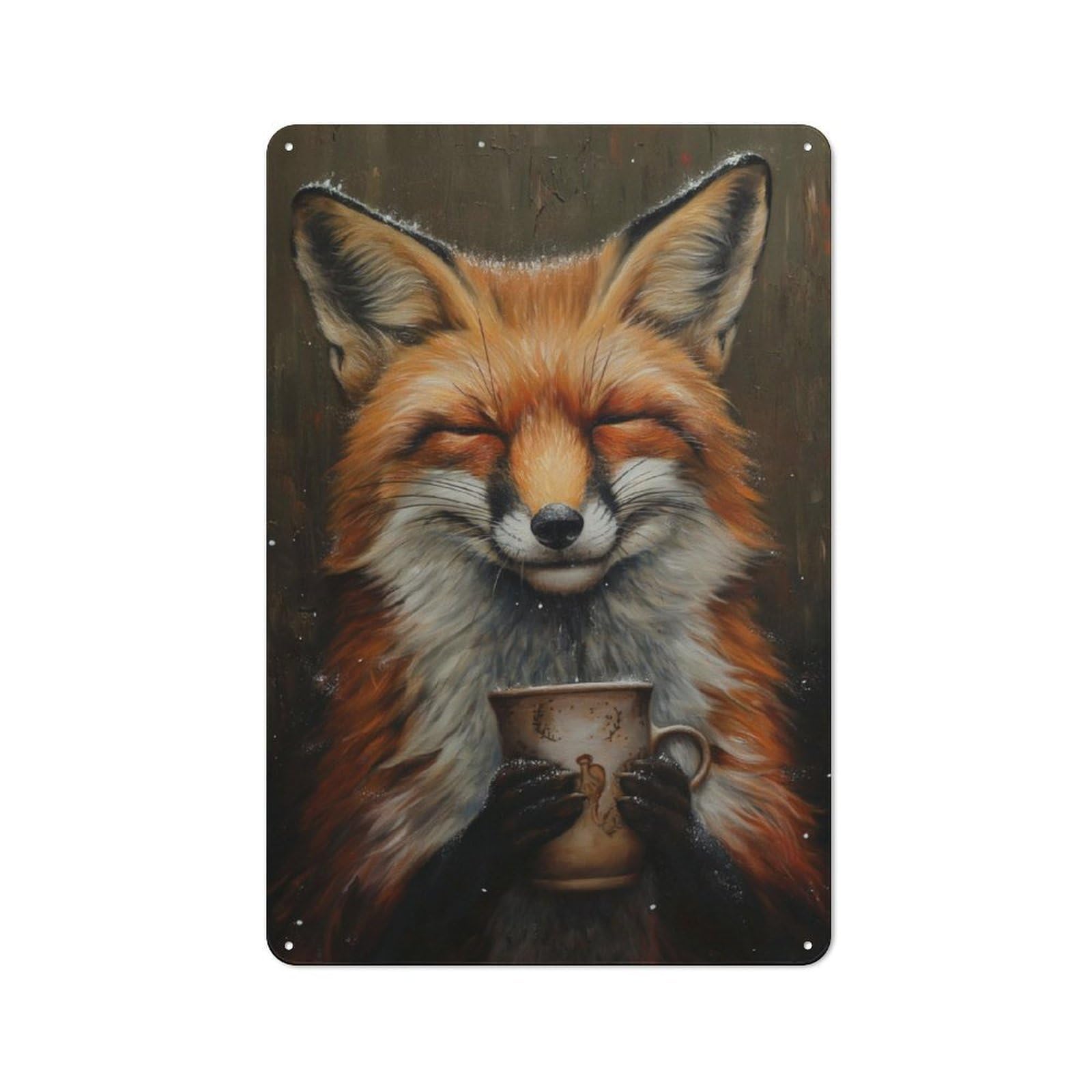 Junmoney Happy Fox Drinking Tea Rustic Tin Wall Plaque 30X20cm For Studio Or Craft Room, For Garage, Workshop And Man Cave Decoration