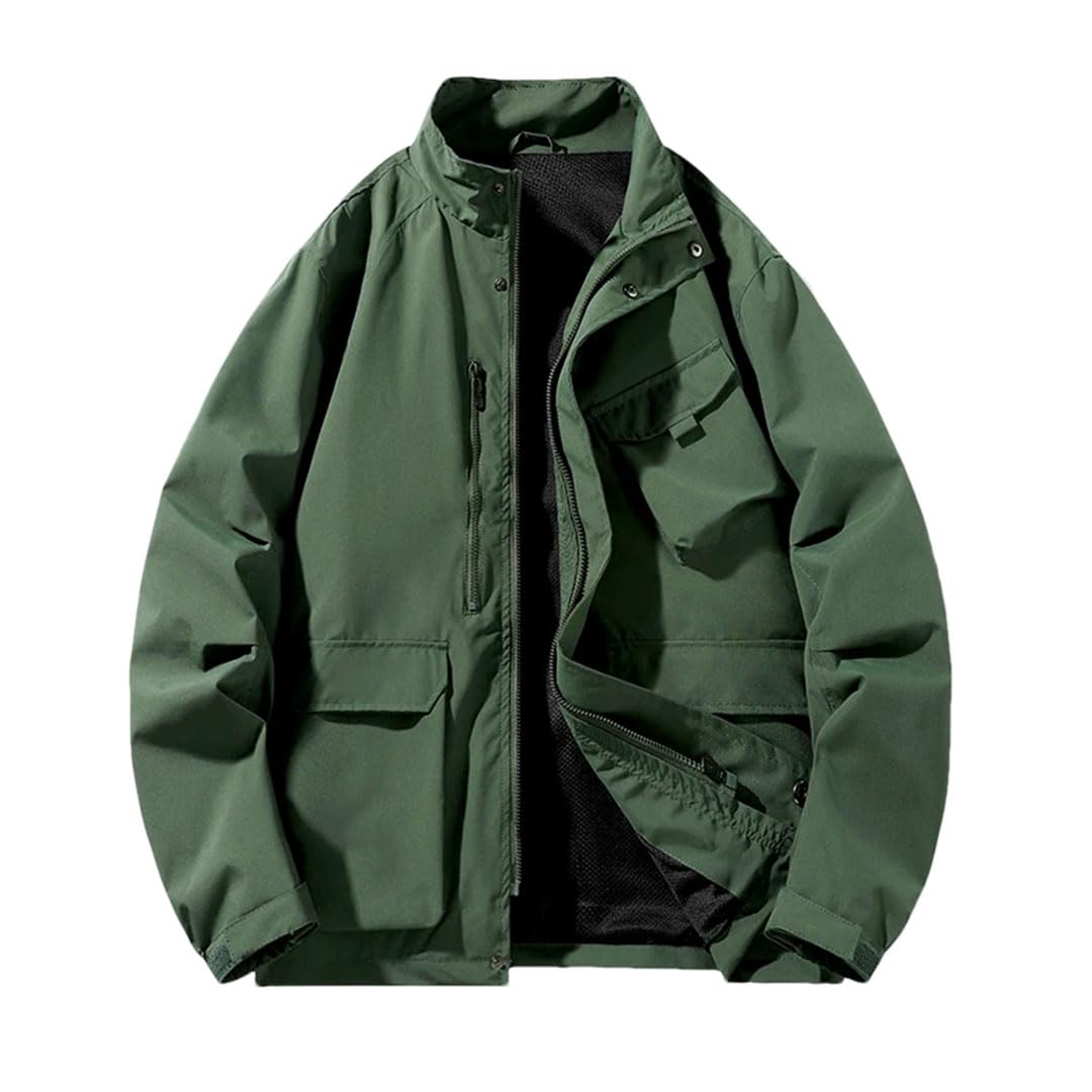 Men Cargo Denim Jacket Outdoor Loose Solid Jacket Multi-Pocket Stand Collar Buttons Jean Coat