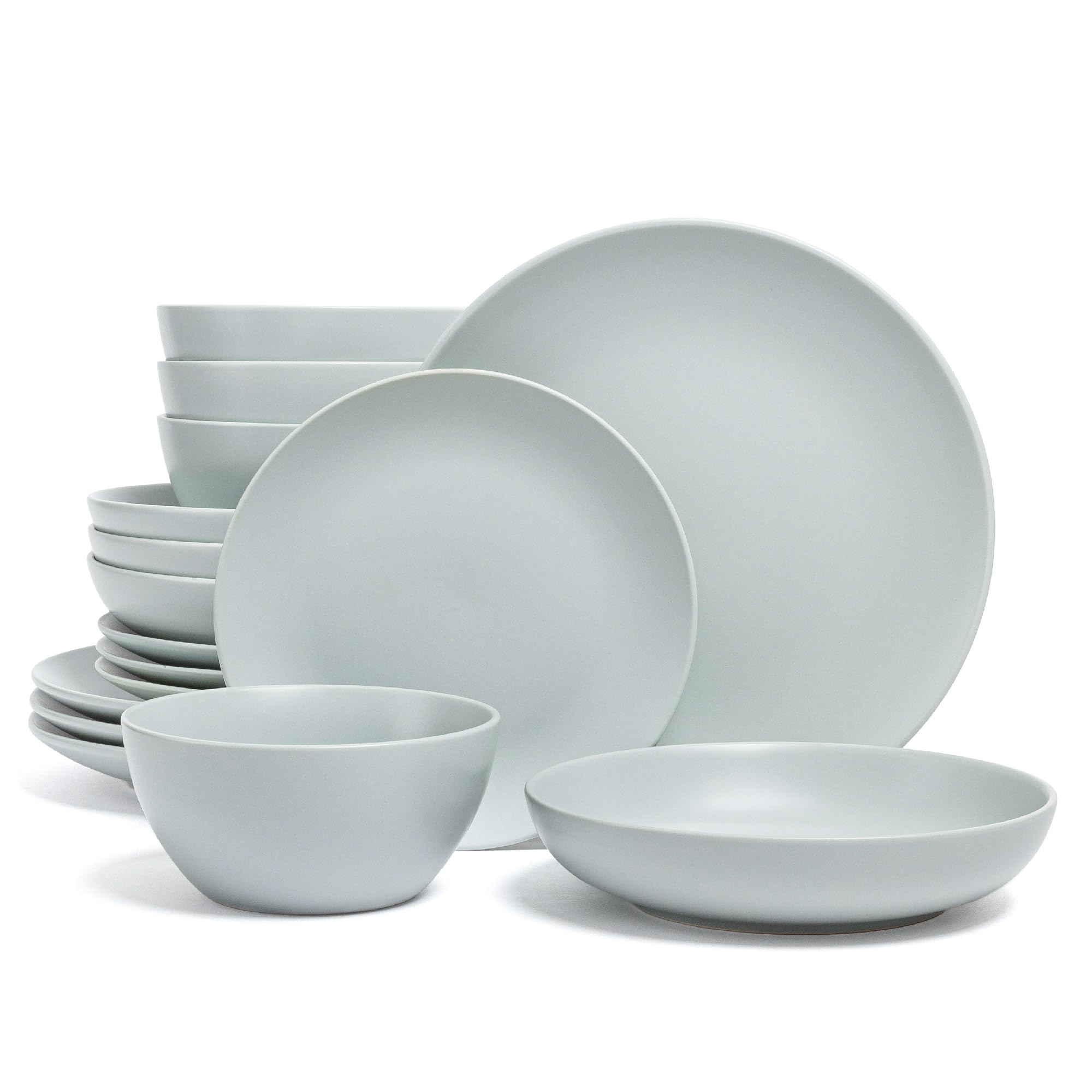 over&back Coupe Dinnerware Set - Stoneware Dishes - Comes with 4 Dinner Plates, 4 Salad Plates, 4 Cereal Bowls, and 4 Dinner Bowls - 16-Piece All-Occasion Place Settings - Semi-Matte Fog Blue