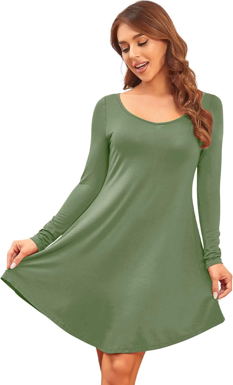 DEARCASE Women's T Shirt Dress Long Sleeve V-Neck Floral Print Casual Loose Flowy Swing Dresses Army Green X-Small